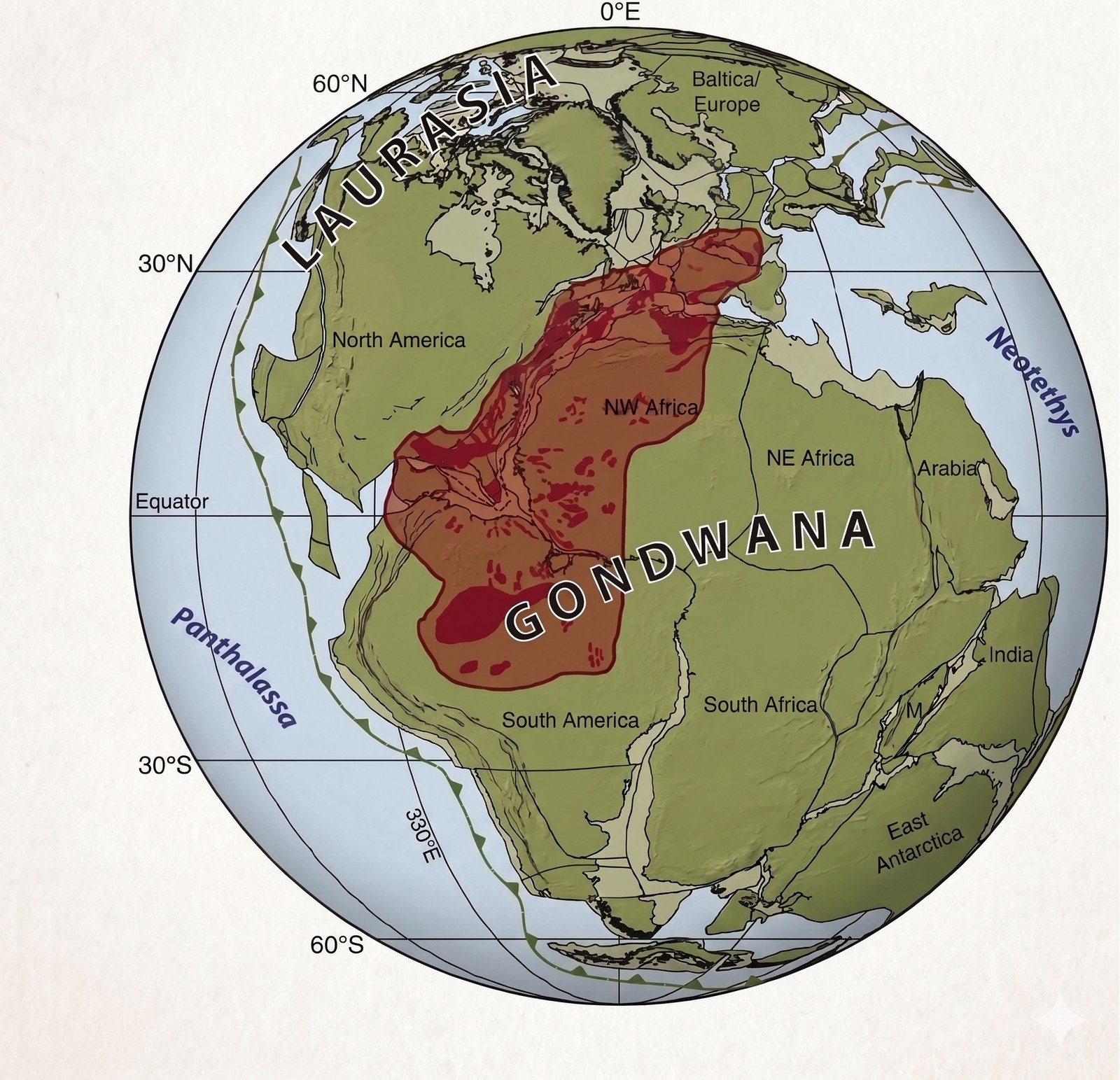 Distribuição da Central Atlantic Magmatic Province (CAMP) no contexto da Pangeia, há cerca de 201 milhões de anos. A CAMP se estendeu por mais de 11 milhões de km² do atual leste da América do Norte, oeste da África, Península Ibérica e nordeste da América do Sul, liberando magma e gases durante a fragmentação de Pangeia.