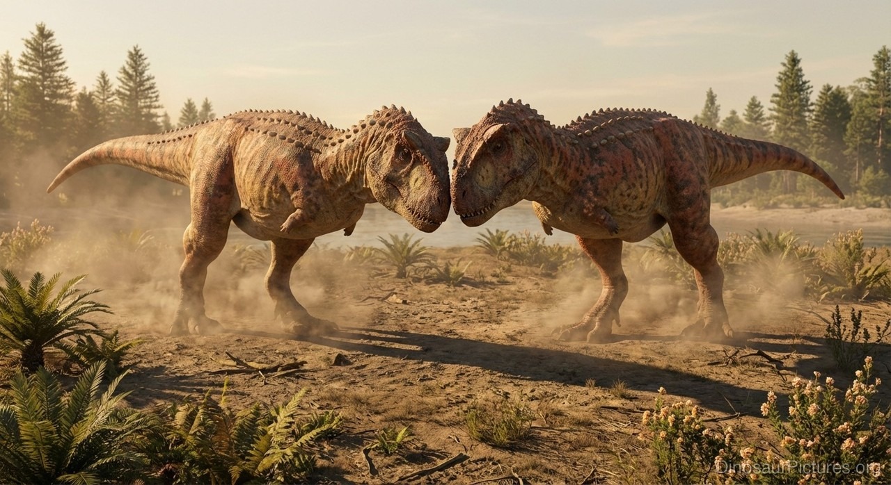 Dois indivíduos de Abelisaurus em confronto, reconstituição artística do comportamento territorial.