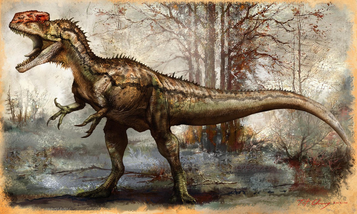 Reconstrução artística de Monolophosaurus jiangi em ambiente natural do Jurássico médio chinês.