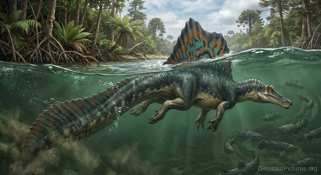 Reconstituicao de Spinosaurus mostrando a vela dorsal característica sustentada por espinhos neurais de até 1,65 metro.