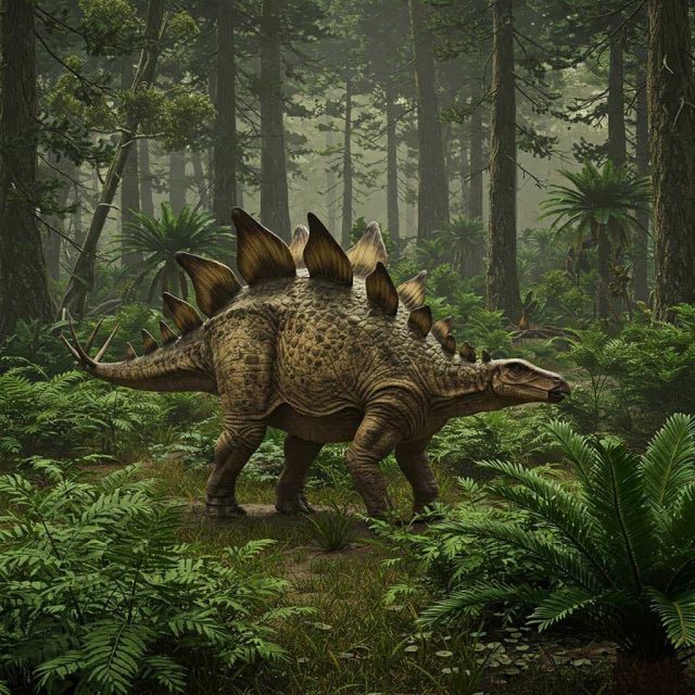 Modelo em tamanho real de Stegosaurus — as espinhas caudais (thagomizer) eram uma arma defensiva eficaz: marcas de mordida de Allosaurus com espinhas de Stegosaurus inseridas foram documentadas em fósseis.