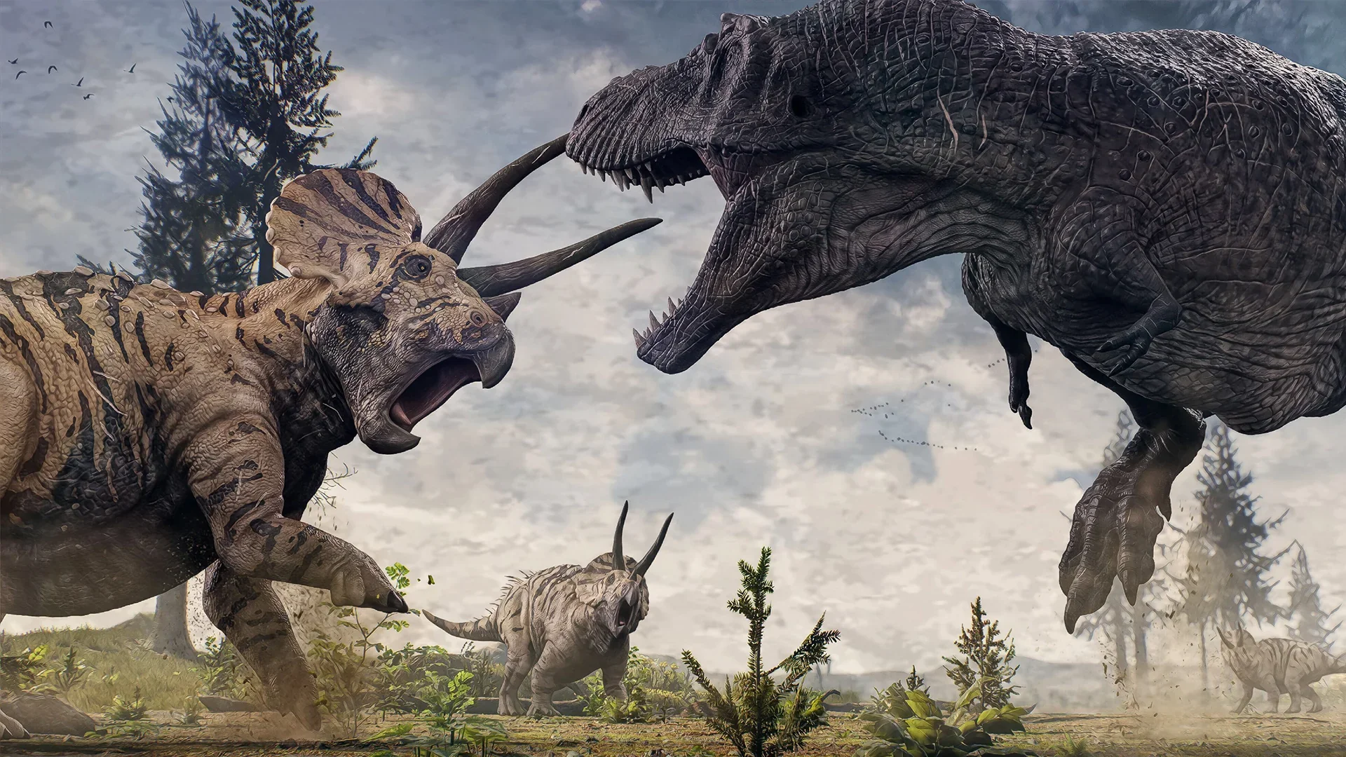 T-rex confrontando um Triceratops — cena de predação/defesa reconstituída com base em evidências fósseis de marcas de dentes em ossos de Triceratops.