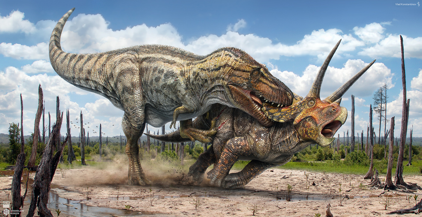 Reconstituição artística de Triceratops em ambiente cretáceo — a Hell Creek Formation no final do Cretáceo (~66 Ma) era uma paisagem de florestas subtropicais com rios e planícies costeiras.